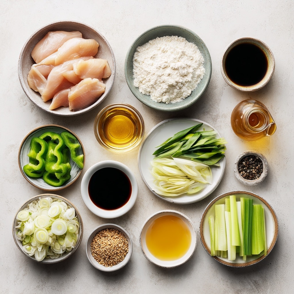 The image shows a four-step cooking process in a grid. The first section has raw light pink chicken slices in a white bowl with a black spoon stirring them. The second section shows the raw chicken spread out on a black skillet ready to cook. The third section displays the chicken now light golden brown and cooked on the same skillet. The last section shows thin green bell pepper slices and white onion strips cooking on the skillet with a wooden spoon stirring them. The background is a white marbled texture. Photo taken with an iphone --ar 4:5 --v 7