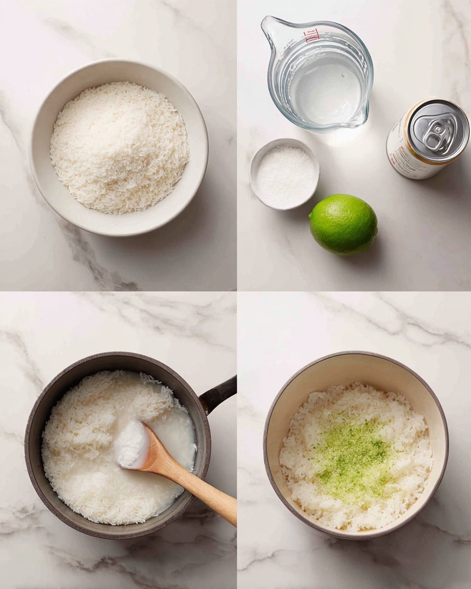 The image shows four close-up views of cooking ingredients and stages of rice preparation. The first image displays a white bowl filled with uncooked white rice, a clear measuring cup with water, a can of coconut milk, a small white bowl of salt, and a fresh lime on a white marbled surface. The second image captures a pot containing a white liquid being stirred with a wooden spoon. The third image reveals fluffy cooked white rice inside the pot, while the fourth image focuses on the cooked rice with a small pile of finely grated green lime zest on top. The overall colors are white and muted brown with a touch of bright green, set against a clean white marbled background. Photo taken with an iphone --ar 4:5 --v 7