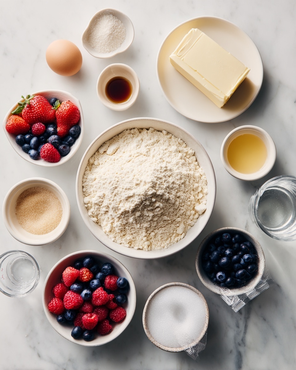 A white bowl filled with a mound of light beige flour is in the center of a white marbled surface. Around it are smaller white bowls holding white granulated sugar and mixed berries including sliced strawberries, blueberries, and raspberries. An egg, a stick of wrapped butter, a small bowl with melted butter, a small cup with light brown sugar, a glass of ice water, a small beige dish with salt, and a tall clear measuring cup are spread around the bowls. The whole scene is softly lit and neatly arranged. photo taken with an iphone --ar 4:5 --v 7