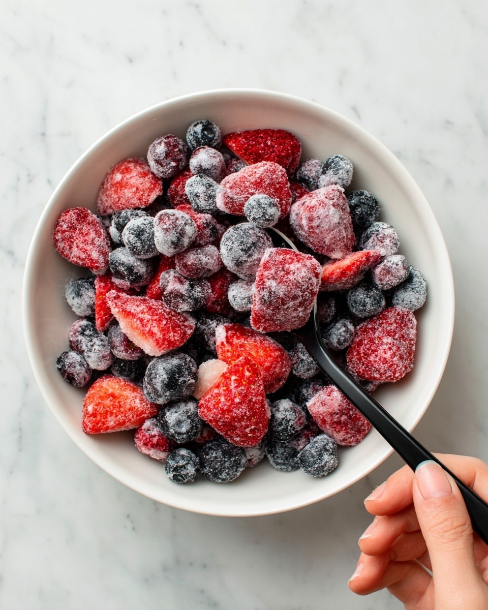 A white bowl filled with a mix of frozen strawberries and blueberries coated lightly in white powder sugar, with the red and dark blue fruit pieces scattered unevenly throughout. A woman's hand is holding a black spoon on the right side, scooping into the fruit mix. The bowl sits on a white marbled surface, giving a clean and bright background. The strawberries show a mix of red and white frost on their textured slices, while the blueberries are round with a powdery coating, showing their dark blue color underneath. Photo taken with an iphone --ar 4:5 --v 7