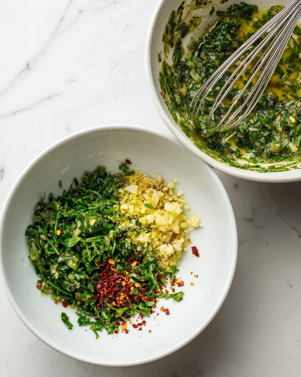 A white bowl on a white marbled surface contains several ingredients layered separately. The bottom layer is finely chopped green herbs covering about half the bowl. On top of this, there are small portions of minced garlic, yellow grated zest, light brown crumbs, and a few red flakes spread around the bowl. Next to the bowl is a second white bowl on the same surface with the ingredients mixed together, showing a mostly green mixture with a shiny, oily texture and some small bits still visible. A metal whisk rests inside the second bowl, partially covered in the mixture. Photo taken with an iphone --ar 4:5 --v 7