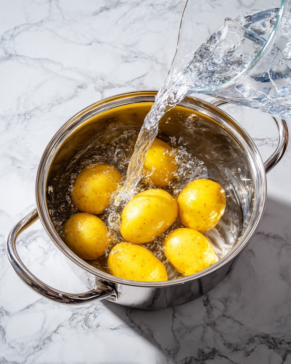 A shiny metal pot filled with eight small yellow potatoes at the bottom. Clear water is being poured into the pot from a glass measuring cup on the right side, creating splashes around the potatoes. The background is a white marbled surface, and the image is taken from above showing the entire pot and some handles. photo taken with an iphone --ar 4:5 --v 7