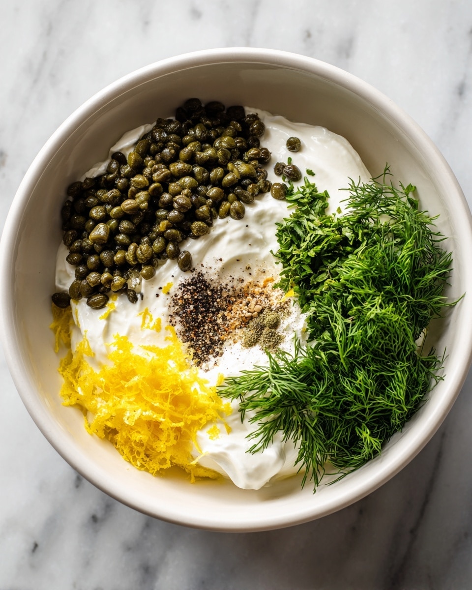 A white bowl is filled with several ingredients separated in small piles: dark green chopped capers on the top left, bright green fresh dill on the top right, white creamy yogurt or sour cream covering most of the bottom and middle, yellow lemon zest on the bottom left, and a small pile of black pepper and spices in the center. The bowl is placed on a white marbled surface. photo taken with an iphone --ar 4:5 --v 7