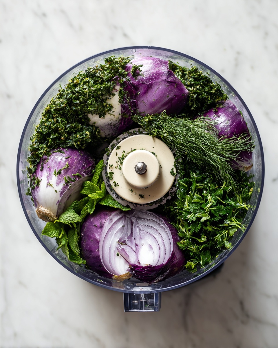 A clear food processor bowl sits on a white marbled surface, containing four large pieces of purple and white onions spaced evenly around the center, fresh bright green dill filling the middle, with shiny dark green mint leaves and parsley scattered around the edges. The metal blade is visible under the herbs, positioned in the center of the bowl. The scene looks fresh and natural, ready for blending photo taken with an iphone --ar 4:5 --v 7