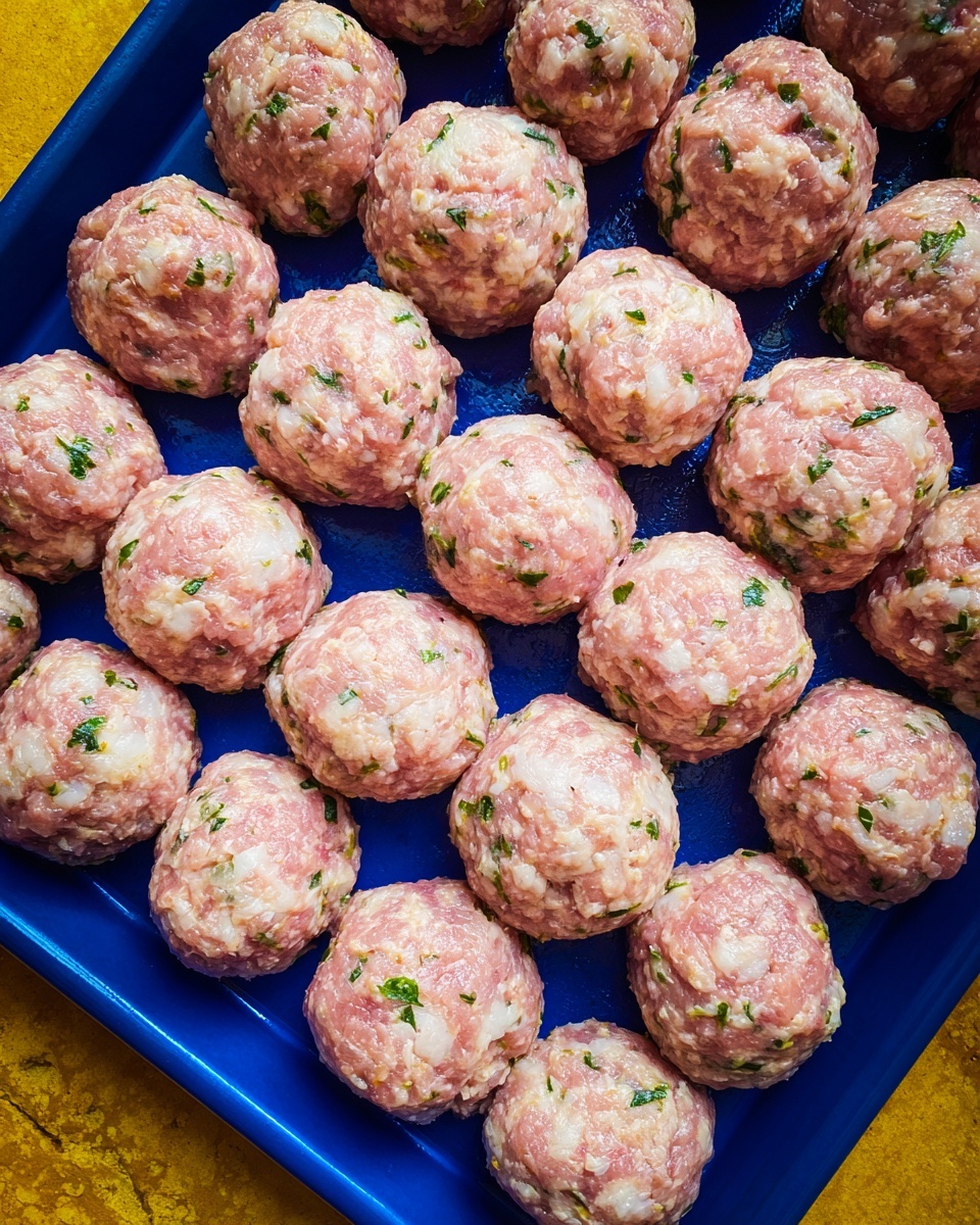 A blue tray is filled with about thirty small round meatballs, each showing a mix of pinkish raw meat with white bits and green herbs inside. The meatballs are evenly spaced, arranged in neat rows covering the tray surface. The background is a yellowish stone texture around the tray. photo taken with an iphone --ar 4:5 --v 7