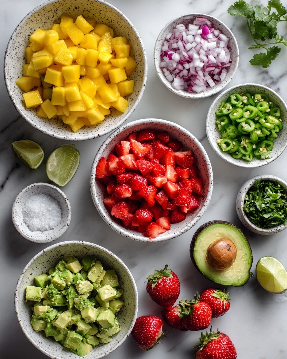A white bowl filled with a colorful mix of diced fruits and vegetables, including bright yellow mango chunks, red strawberry pieces, green avocado cubes, and small bits of red onion, all topped with fresh, chopped green herbs scattered evenly on the surface. Around the bowl, pieces of torn beige flatbread are spread out, alongside whole strawberries, a halved avocado with its seed, a half-mango scored in a grid pattern, and a halved lime. A woman's hand is picking up a piece of flatbread from the right side, ready to scoop some of the fruit and vegetable mix. The entire setup rests on a white marbled surface. photo taken with an iphone --ar 4:5 --v 7