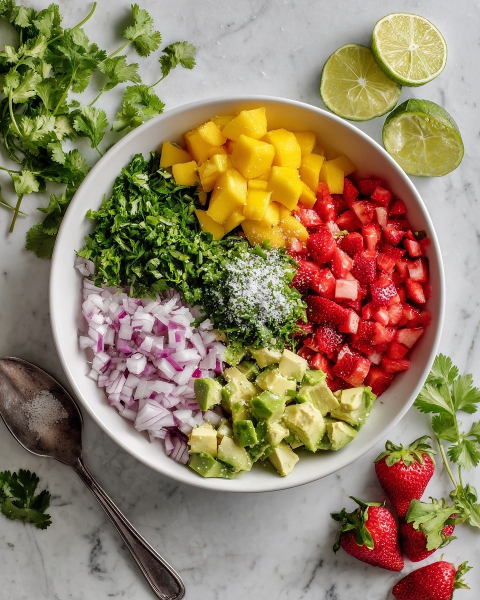 The image shows several white speckled bowls and small dishes arranged on a white marbled surface. From top left, the largest bowl contains bright yellow diced mango pieces, the largest bowl at the center right is filled with vibrant red chopped strawberries, and the largest bowl at the bottom left holds light green avocado cubes. Small bowls include finely chopped green jalapeños at the top right, chopped red onion near the jalapeños, fresh green cilantro at the lower center, and a tiny dish of white salt near the top. There is a whole avocado at the bottom and a halved lime beside the jalapeños. To the right of the bowls are whole bright red strawberries scattered on the surface. photo taken with an iphone --ar 4:5 --v 7