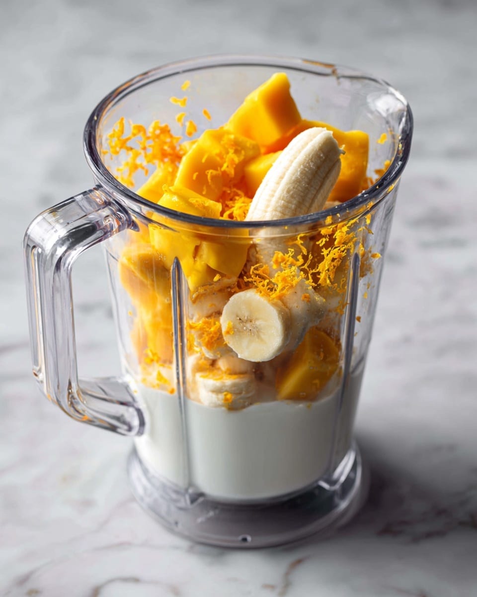 A clear blender pitcher set on a white marbled surface holds several ingredients stacked in layers. At the bottom, there is a white liquid that looks like milk or yogurt. On top of this, a layer of large, yellow-orange fruit chunks, likely mango, is spread around. Resting on these pieces is a peeled banana lying horizontally. Small bright orange bits, likely zest, are sprinkled over the banana and fruit. The scene is bright and clear, showing the fresh textures of the fruit inside the blender. Photo taken with an iphone --ar 4:5 --v 7