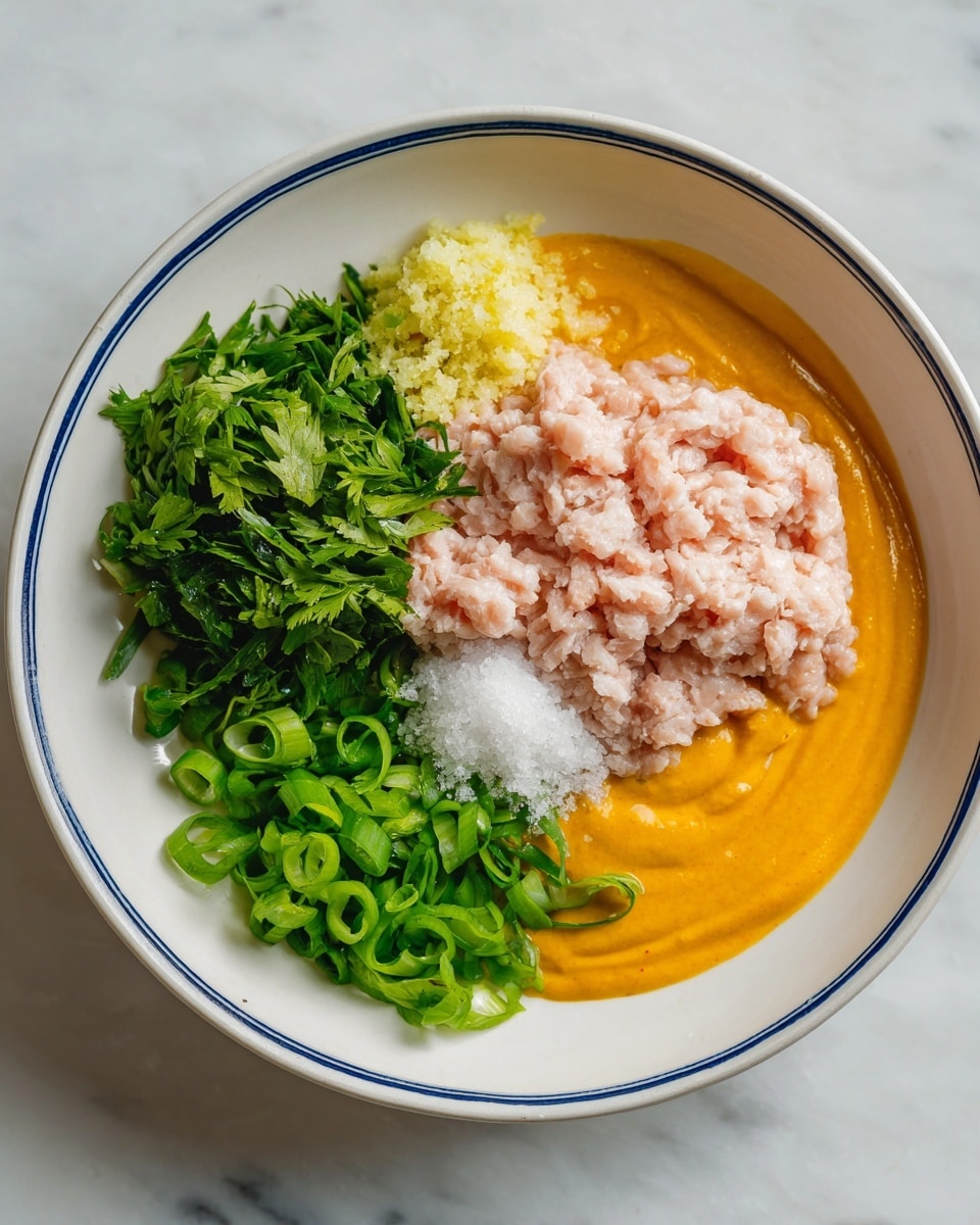 A white bowl with a thin blue rim holds several ingredients placed side by side inside. On the right side, there is a light pink ground meat with a soft texture laid flat. Next to it on the bottom right, there is a thick bright orange sauce with a smooth consistency. Above the sauce, there is a small dollop of finely minced pale yellow garlic. On the bottom left, vibrant green sliced scallions are scattered. Above this is a pile of fresh green chopped parsley with a small mound of coarse white salt resting on top. The bowl sits on a white marbled surface. photo taken with an iphone --ar 4:5 --v 7