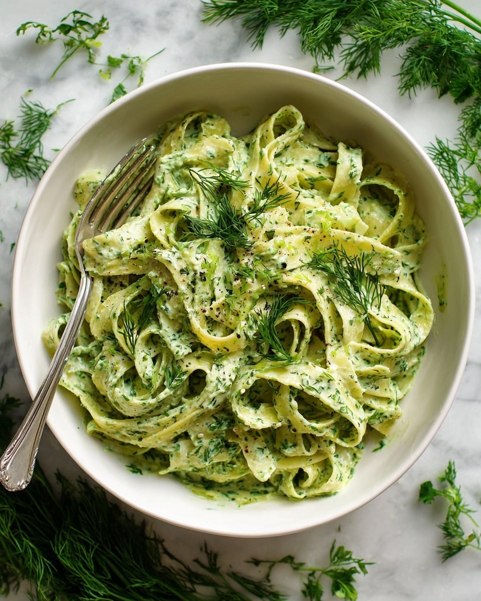 A white bowl holds creamy green pasta ribbons that look soft and coated in a thick green herb sauce. Fresh herb leaves and small sprigs of dill are scattered on top, adding bursts of dark green against the light green pasta. A silver fork rests inside the bowl on the left side, partially buried in the pasta. The bowl sits on a white marbled surface with small bunches of green herbs placed around it. The overall look is fresh and vibrant, with layers of pasta ribbons and bright green herbs mixed in, making the dish look rich and flavorful. photo taken with an iphone --ar 4:5 --v 7