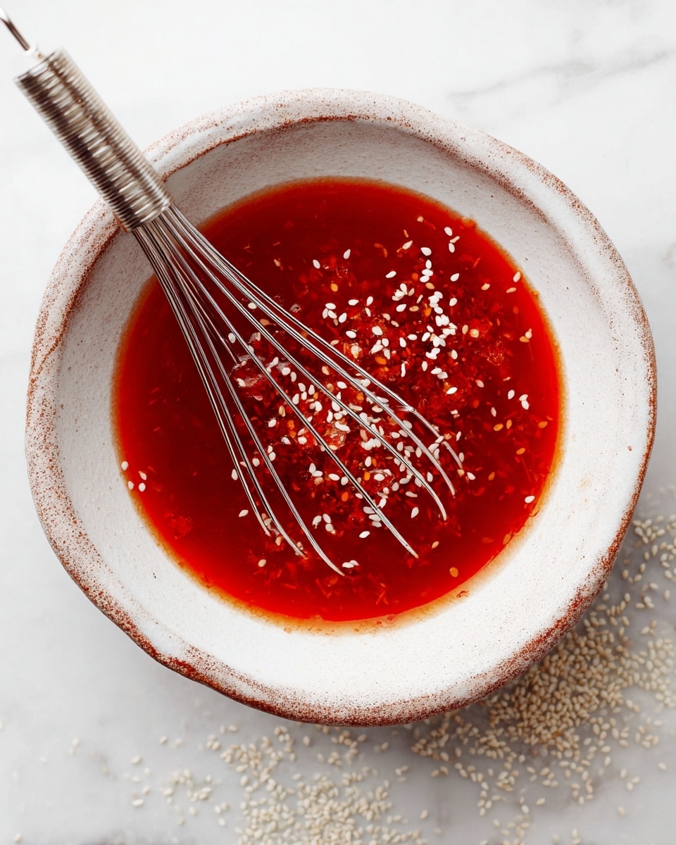 A white bowl with a rustic look holds a bright red sauce mixed with white sesame seeds floating on top. Inside the sauce, small pieces of red and brown ingredients add texture. A small silver whisk rests inside the bowl with its handle leaning on the edge. White sesame seeds are scattered around the bowl on a white marbled surface photo taken with an iphone --ar 4:5 --v 7