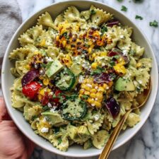 Street Corn Pasta Salad with Cilantro Pesto, Goat Cheese, and Grilled Corn Recipe