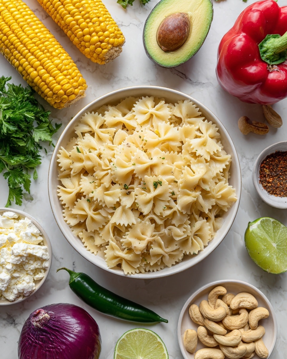 The image shows a white bowl full of dry farfalle pasta with a light yellow color, placed in the center on a white marbled surface. Around it, there are many fresh colorful ingredients: bright green parsley leaves on the left and right sides, a halved avocado with a dark green outer skin and light green inside above the bowl, a whole red bell pepper on the top right, two yellow corn cobs below the bowl, and a shiny green jalapeño pepper near the bottom left. A round lime, one half cut to reveal its inside, sits near the bottom center, with a small dish of white cheese on the bottom left. On the right, there's a small white bowl filled with light brown cashew nuts and a tiny white plate holding brown and dark red spices. Near the top right, some garlic cloves rest on the surface. At the bottom center, a deep purple-red onion adds contrast. Photo taken with an iphone --ar 4:5 --v 7