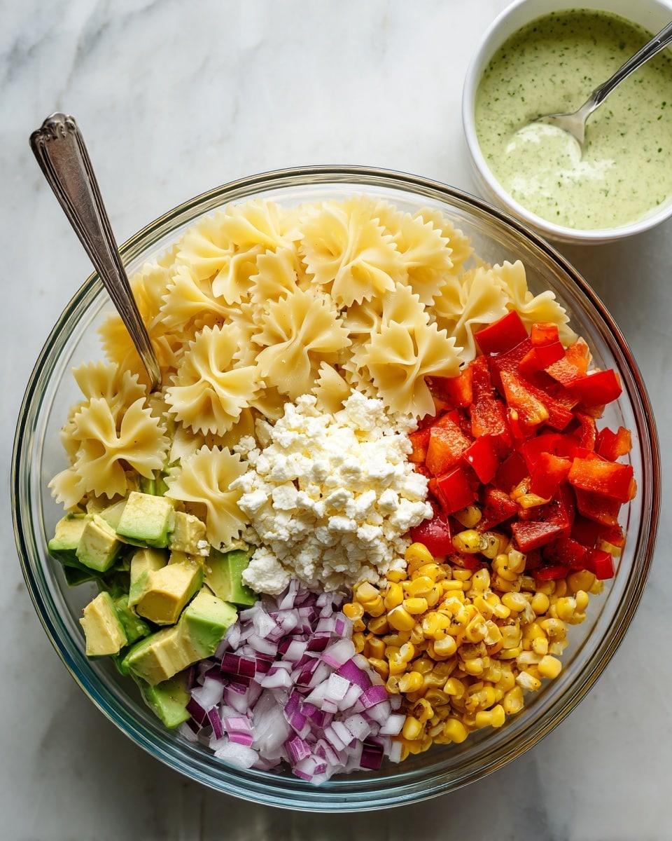 A clear glass bowl sits on a white marbled surface, divided into five sections with layers of ingredients arranged side by side. Starting from the top left, there is a layer of pale yellow bow-tie pasta with a smooth, slightly curved texture. To the right, bright red chopped bell peppers add a glossy, fresh sparkle. Below the peppers, golden brown roasted corn kernels with light charred spots show a rough, roasted texture. On the bottom left, ripe avocado chunks display a creamy green color with smooth edges. Next to the avocado, finely chopped purple onions add a sharp contrast with their glossy, cool texture. In the center of the bowl, a mound of crumbly white cheese sits, slightly uneven and soft. Above and to the right of the bowl, a white bowl contains a green creamy sauce with a silver spoon inside it. Photo taken with an iphone --ar 4:5 --v 7