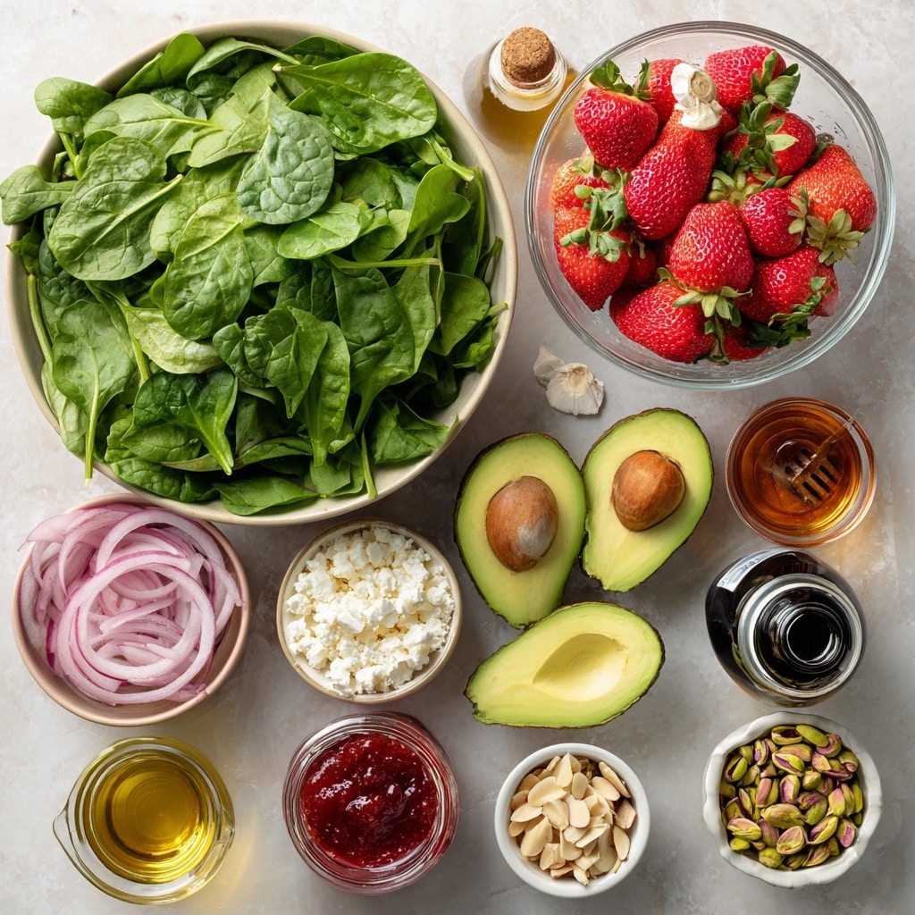 A white bowl filled with fresh spinach leaves as the base layer, topped with separate sections of bright red sliced strawberries, thinly sliced purple-red onion rings, creamy white crumbled cheese, and light brown toasted almond slices. There is also a section with pale green sliced avocado sprinkled with black pepper and another area with small, chopped green pistachio nuts. The bowl sits on a white marbled surface. Photo taken with an iphone --ar 4:5 --v 7