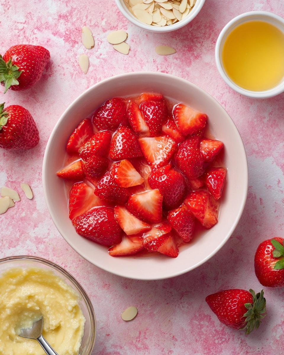 The image shows a white bowl filled with sliced strawberries layered evenly, bright red and glistening, placed on a pink textured background. Surrounding the bowl are whole strawberries scattered around and smaller white bowls containing a yellow liquid and sliced almonds. In the lower left corner, there is a clear glass bowl with a pale yellow mashed mixture and a metal spoon inside. The overall setup is simple and colorful, set on a white marbled textured surface. Photo taken with an iphone --ar 4:5 --v 7