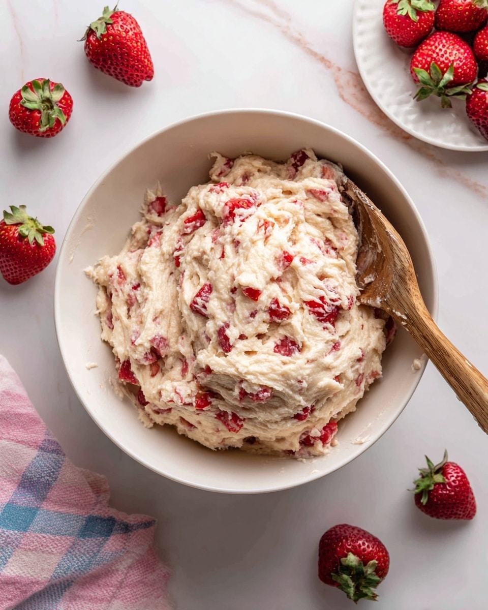 A white bowl filled with a dough mixture that is light cream colored and thick in texture, mixed with bright red, chopped strawberries scattered throughout the dough. A wooden spoon lies inside the bowl, partially covered with dough. Surrounding the bowl are whole fresh strawberries, some on a white plate and some on a white marbled surface. A pink and blue checkered cloth is partially visible near the bowl. Photo taken with an iphone --ar 4:5 --v 7