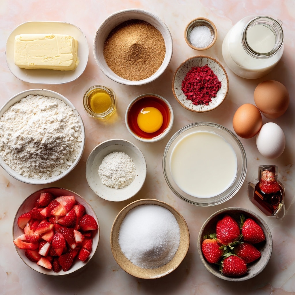 A white bowl filled with thick beige batter mixed with pieces of red strawberries, a wooden spoon resting inside the bowl on the right edge; above it, a white bowl holds crumbled light brown crumb topping with a crumbly texture; to the top left, a small bowl contains bright red chopped strawberries; near the top right, a white speckled bowl holds whole fresh strawberries with green leaves, next to a knife with a light wooden handle; scattered strawberry halves and crumbs are on the white marbled surface beneath, along with a soft pink cloth draped partially under the batter bowl photo taken with an iphone --ar 4:5 --v 7