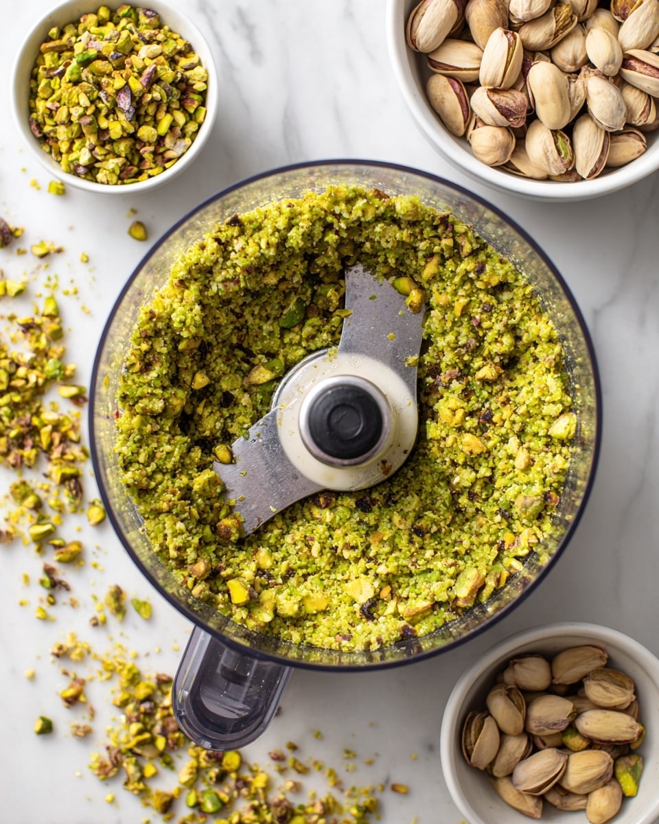A clear food processor bowl filled with finely ground pistachios, showing a mix of green and yellowish textures tightly packed inside, with the sharp metal blade visible at the center stirring the pistachio dust; around the processor, pistachio nuts and crushed bits are scattered on a white marbled surface, with two small white bowls above holding whole pistachios, one bowl fuller and the other partially filled. photo taken with an iphone --ar 4:5 --v 7