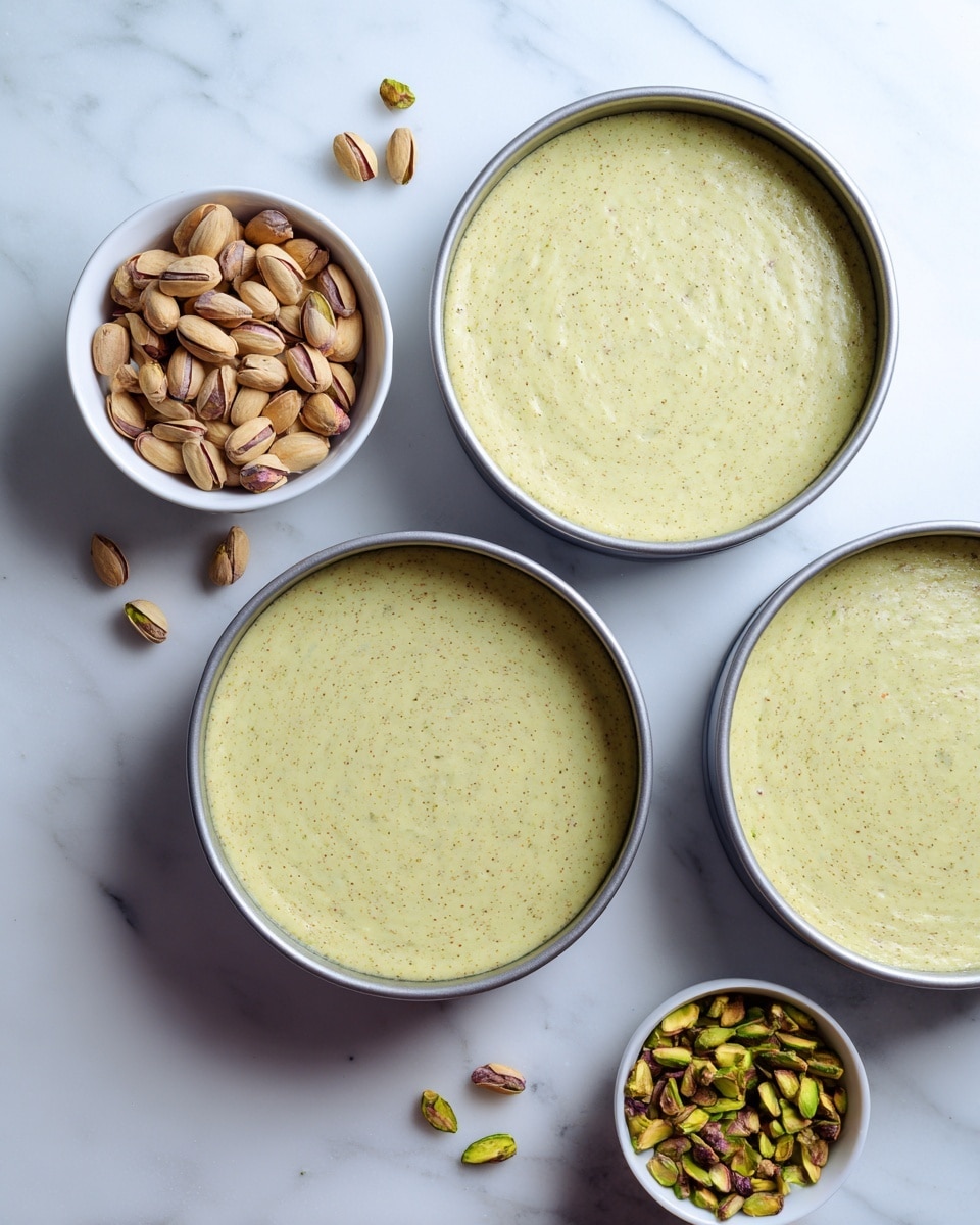 The image shows three round metal baking pans filled with a smooth, light greenish-yellow mixture that has a slightly speckled texture, most likely from ground nuts. The pans are arranged on a white marbled surface with whole pistachio nuts scattered around them. To the left, there is a small white bowl filled with roasted pistachio nuts, and to the right, a smaller white bowl also contains some shelled pistachio nuts. The overall look is clean and focused on the creamy pistachio batter ready for baking. Photo taken with an iphone --ar 4:5 --v 7