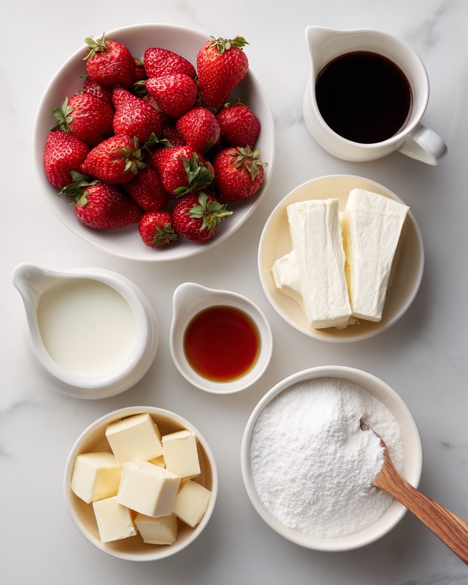 The image shows six white bowls and a white marbled surface. In the top left, a round white bowl is filled with bright red strawberries, some whole and some in groups. Below it to the left, a white bowl contains two blocks of smooth, creamy white cream cheese. To the right of the strawberries, a small white bowl with a spout holds a small amount of dark amber vanilla extract. Below it, a round white bowl holds cubes of pale yellow butter. Next to the butter bowl on the right, a white pitcher contains white milk. In the bottom right corner, a larger round white bowl filled with white powdered sugar has a wooden spoon resting inside. The photo was taken with an iphone --ar 4:5 --v 7