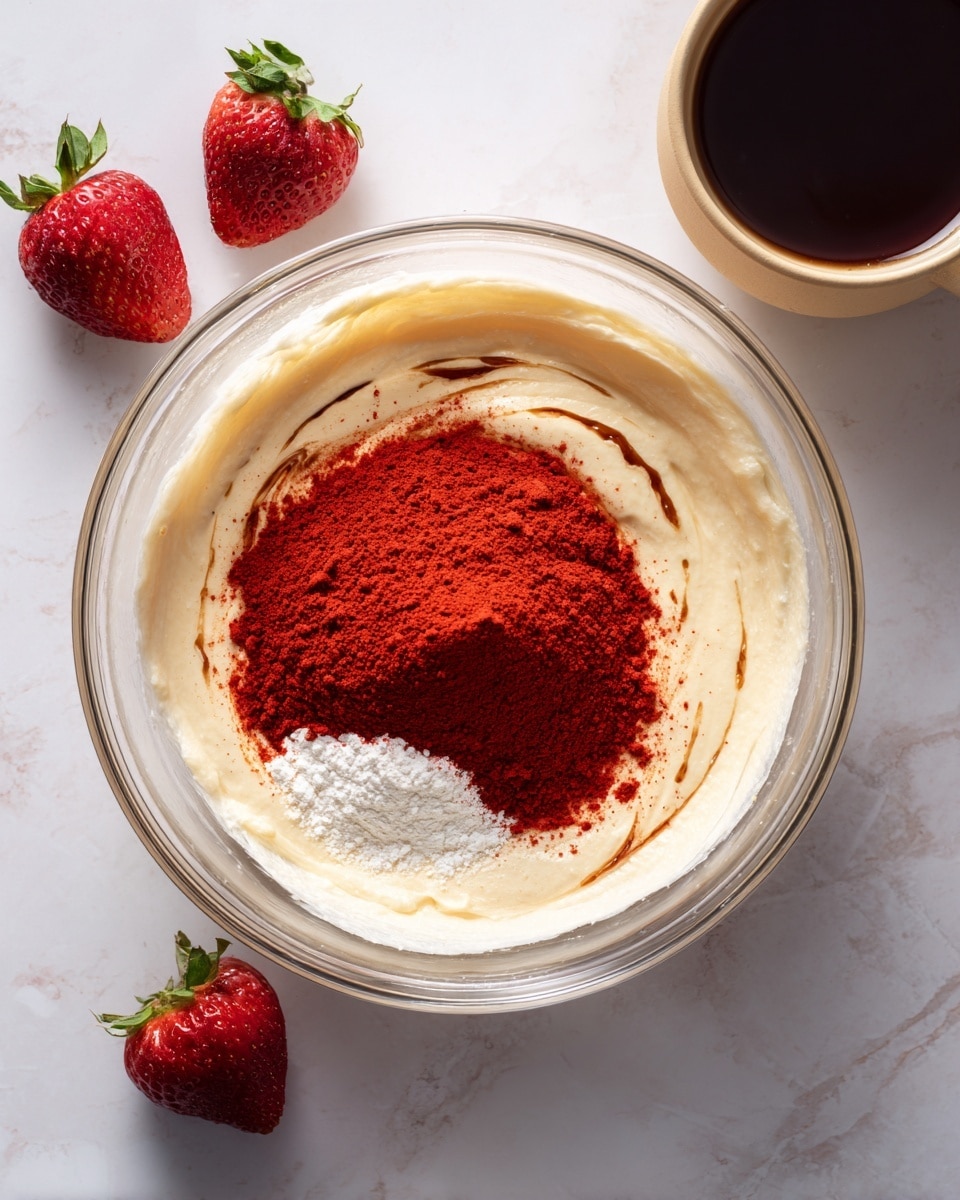 A clear glass mixing bowl sits on a white marbled surface, filled with thick cream-colored batter as the base layer. On top, there is a bright red powder piled in the middle, with a small white powdery patch on one side and a dark brown liquid streak partially mixed into the batter near the edge. Around the bowl, there are two fresh red strawberries on the surface and a small beige cup filled with white liquid on the top right side. The texture of the batter looks smooth and creamy, while the powders add a dry, fine contrast. Photo taken with an iphone --ar 4:5 --v 7