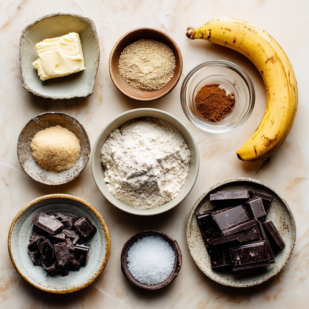 The image shows a white bowl with a brown, smooth batter being whisked by a woman's hand holding a metal whisk on the right side. Around the bowl, on a white marbled surface, there are two whole yellow bananas with brown spots placed near the bottom and right edges. To the top left, there is a small beige bowl containing a brown, crumbly spice mix, and a larger clear glass bowl filled with flour mixed with some brown powder can be seen partially on the far left. Near the bottom left, a small white bowl is filled with dark chocolate chunks, with a few pieces scattered nearby. The whole scene is well-lit, showing texture and detail clearly. photo taken with an iphone --ar 4:5 --v 7