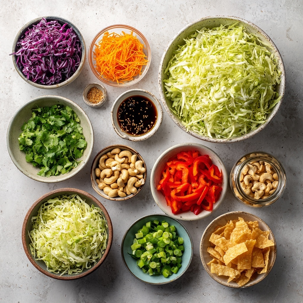 A white bowl holds seven layers of fresh and colorful vegetables arranged in sections. Starting from the top left and moving clockwise, the first layer is thin, long slices of purple cabbage with a crisp texture. Next to it is shredded light green cabbage with a softer look. Next is chopped green bell pepper, cut into small square pieces. Then comes thin carrot sticks with a bright orange color. Below the carrots are chopped green onions sliced into round pieces. The center of the bowl is filled with fresh green cilantro leaves. Lastly, there is a layer of thin red bell pepper strips on the bottom left. The bowl sits on a white marbled surface next to metal serving spoons and a small white jug with brown sauce. A woman's hand can be seen partly near the bowl. The lighting is bright and natural, showing all the colors clearly photo taken with an iphone --ar 4:5 --v 7