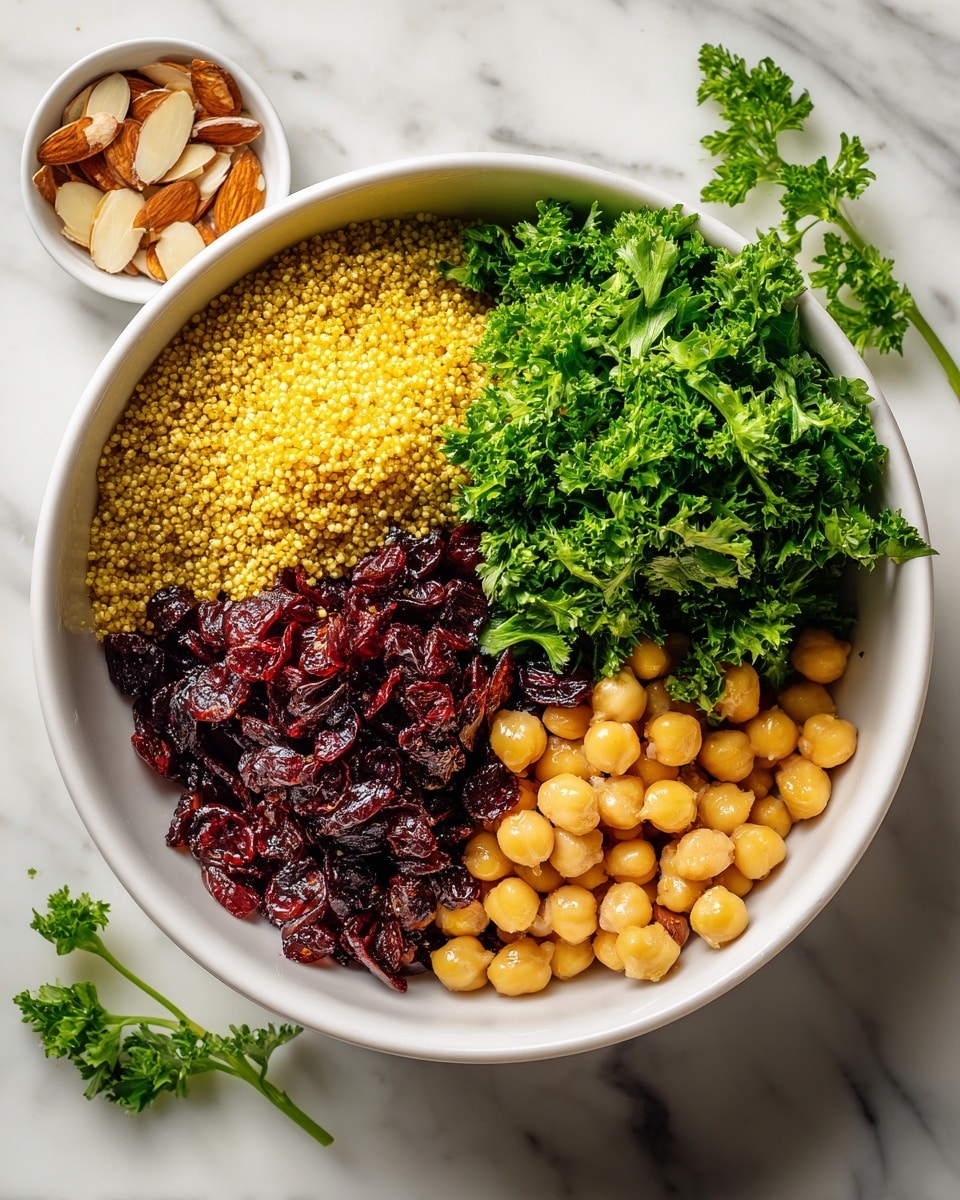 The image shows a black pan with a long silver handle filled with cooked yellow quinoa mixed with small bits of onion, with a fork resting inside. Around the pan, there are four small white bowls arranged on a white marbled surface: one bowl has light green chopped herbs, another has thinly sliced almonds, a third contains dark red dried cranberries, and the last one is filled with light beige chickpeas. The overall look is bright and clean. photo taken with an iphone --ar 4:5 --v 7