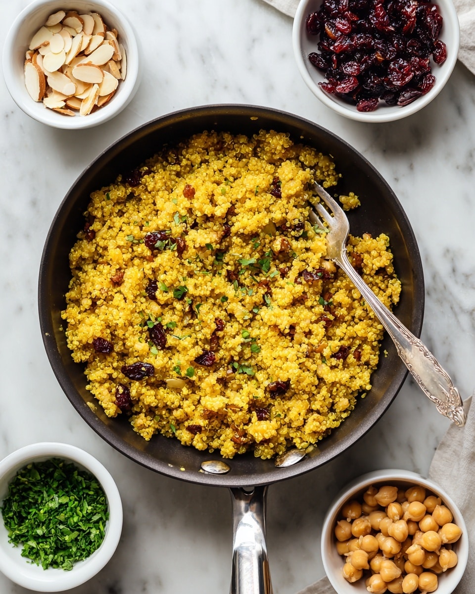 A white bowl with four clear layers: at the bottom left, a pile of dark red dried cranberries with a shiny texture; next to it on the right, a bunch of fresh bright green parsley leaves with a soft, leafy texture; below the parsley, pale yellow chickpeas with a smooth, round surface; and the top left layer is golden yellow quinoa with a slightly grainy texture. The bowl sits on a white marbled surface, with a small white bowl of sliced almonds in the top left corner and small parsley leaves scattered around. Photo taken with an iphone --ar 4:5 --v 7