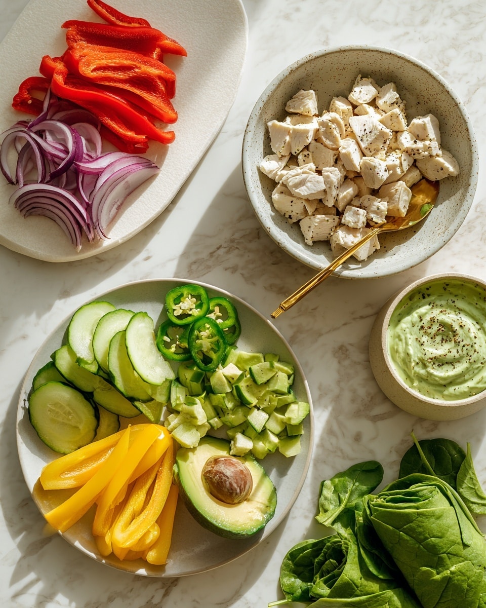 The image shows a white speckled bowl filled with finely chopped white chicken pieces placed on a white marbled surface. Below it, a white plate holds six sections of fresh sliced vegetables arranged in groups: red roasted pepper strips, thinly sliced red onion rings, sliced green cucumber sticks, sliced yellow avocado, whole and sliced green jalapeños, and one half avocado with the seed inside. To the right, a beige bowl is filled with creamy green sauce sprinkled lightly with black pepper, a gold spoon resting inside the bowl. Around the bowl and dishes, fresh green spinach and arugula leaves are scattered. In the bottom right corner, several folded green spinach wraps lay on the white marbled surface. The lighting is bright, highlighting the vibrant colors of the ingredients. Photo taken with an iphone --ar 4:5 --v 7