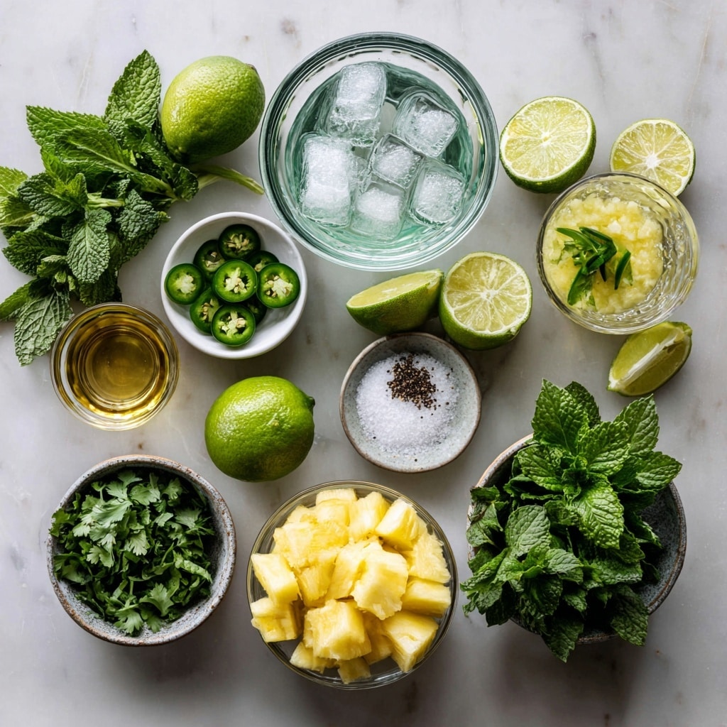 Inside a clear blender jar, there are three layers of ingredients. At the bottom, bright yellow pineapple chunks with a juicy texture fill the base. Mid-level features two slices of green jalapeño, showing seeds and fresh shine. On top, a mix of fresh leafy herbs includes light green cilantro leaves with rounded edges and dark green mint leaves with textured veins. The blender sits on a white marbled surface. photo taken with an iphone --ar 4:5 --v 7