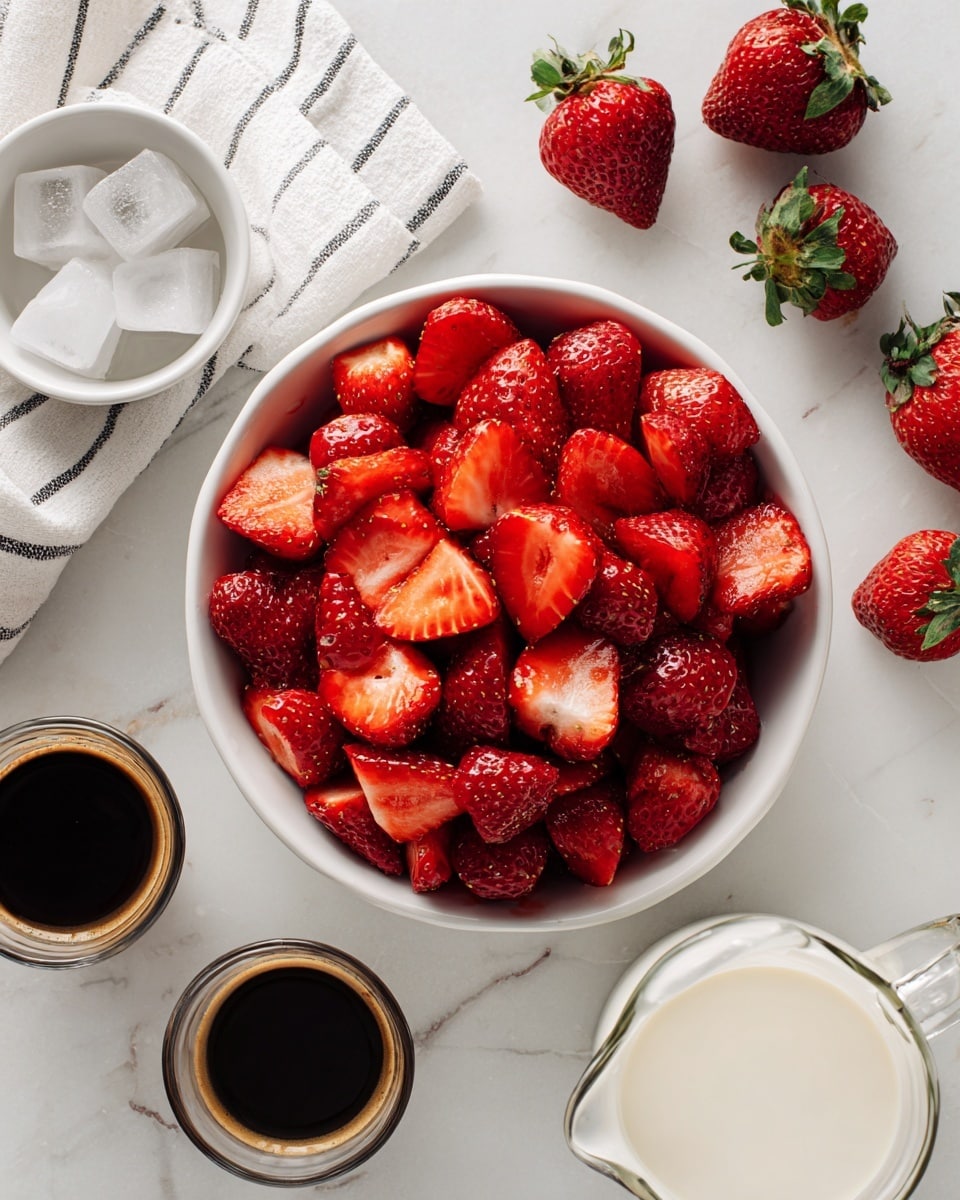 A white bowl filled with about two layers of bright red, halved strawberries with visible seeds and juicy texture sits in the center on a white marbled surface. Around the bowl, there are whole strawberries scattered, showing their green leafy tops. Nearby, there is a white cup filled with dark brown liquid, and a smaller white cup containing a few ice cubes. On the lower right, a clear glass pitcher is filled with creamy white milk. At the bottom left, two small clear glasses hold dark brown espresso with a smooth surface. A white napkin with thin black stripes is partly visible on the upper left corner. The photo taken with an iphone --ar 4:5 --v 7