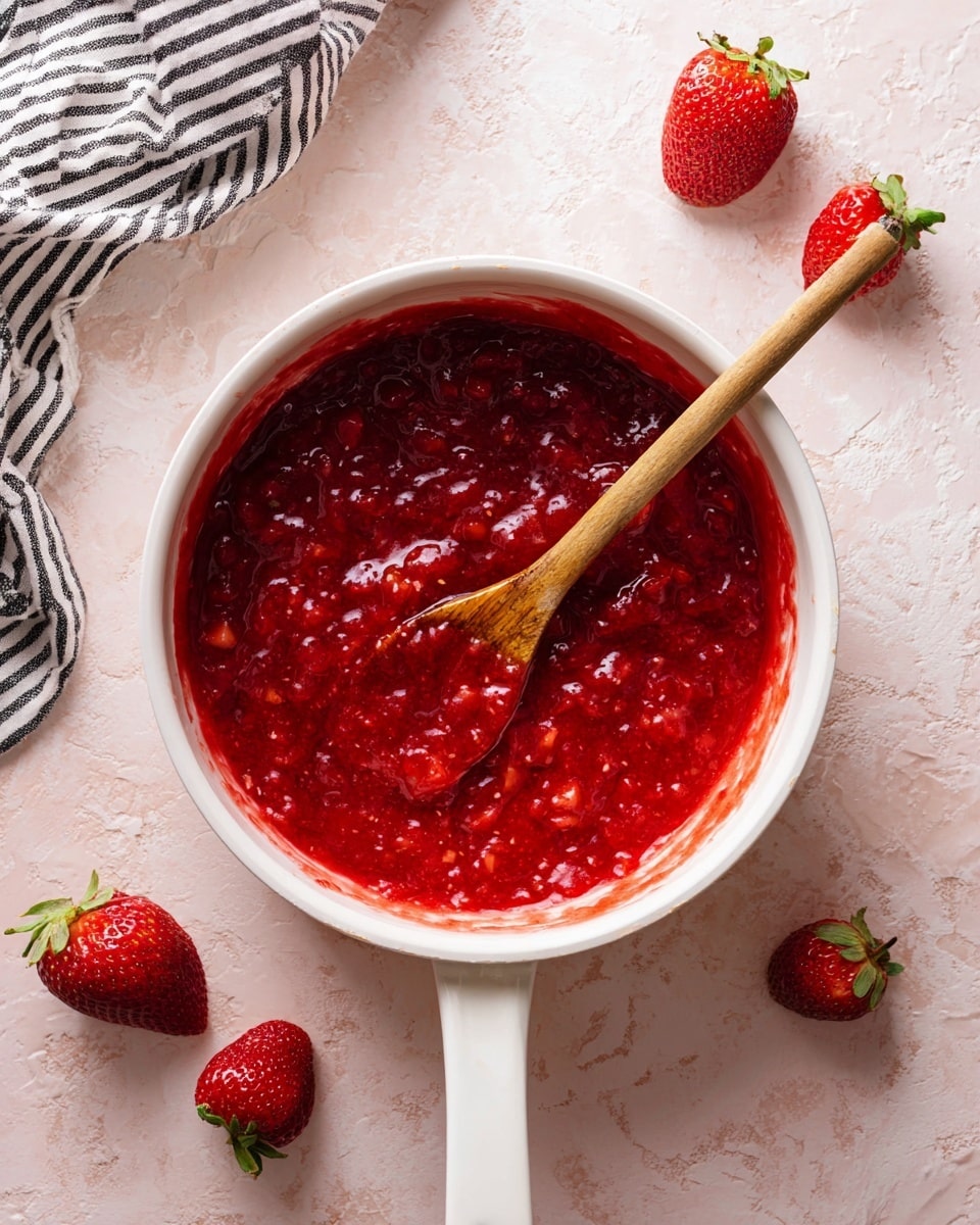 A white saucepan filled with a thick red strawberry sauce that has visible chunky pieces of strawberries throughout. A wooden spoon rests inside the pan, partially covered in the sauce. The saucepan has a white handle, and it is placed on a light pink textured surface with a white marbled texture. Four whole fresh strawberries are scattered around the pan, and a black and white striped cloth is partially visible in the top left corner. photo taken with an iphone --ar 4:5 --v 7