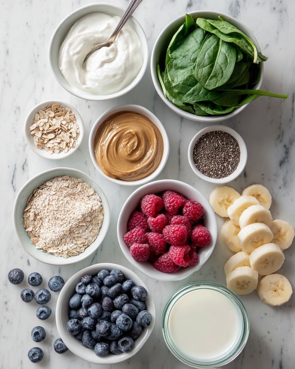 The image shows several small white bowls arranged on a white marbled surface, each filled with different healthy ingredients. From top right, there is a white bowl filled with fresh green spinach leaves, below it a small white bowl containing creamy brown nut butter. Near the center, a bowl is full of frozen bright red raspberries, while below it another white bowl holds frozen dark blueberries. To the left, a small bowl contains white creamy yogurt with a spoon, above it a small bowl with light brown flaxseeds, and next to them a small bowl with beige hemp seeds. Sliced banana pieces are placed on the bottom right and a clear glass of white milk sits near them. Some loose blueberries and raspberries are scattered around the bowls. The photo taken with an iphone --ar 4:5 --v 7