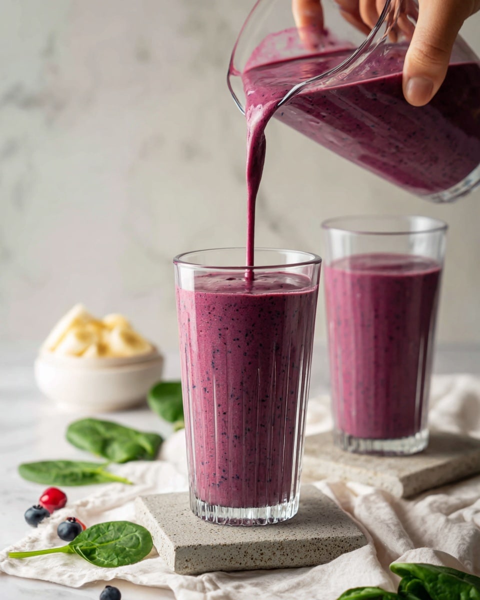 A woman's hand is pouring a thick purple smoothie from a clear glass pitcher into a tall, ribbed clear glass, which sits on a square stone coaster. The smoothie has a creamy texture with little darker specks and fills about one-fourth of the glass. In the background on the right, there is another tall clear glass filled with the same purple smoothie, also on a square stone coaster. Around the glasses, fresh spinach leaves, banana slices, and a few small berries are scattered on a white cloth, all set against a white marbled surface. photo taken with an iphone --ar 4:5 --v 7