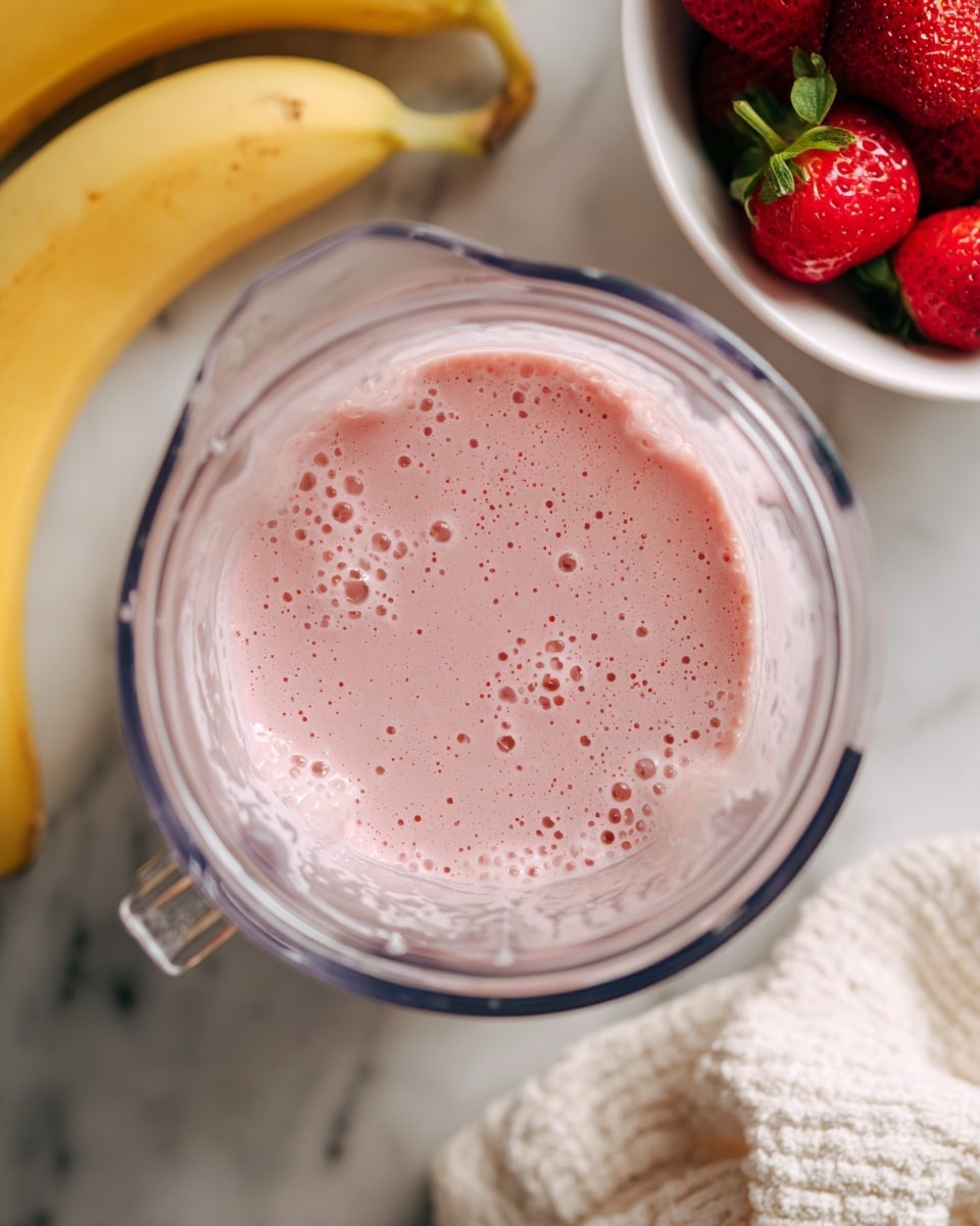 A top view of a clear blender container filled with a light pink smoothie that has a creamy texture and small bubbles all over the surface, placed on a white marbled texture. To the top right, a white bowl holds bright red strawberries with green leaves visible. Below the blender, a ripe yellow banana with brown spots lies on the surface. The scene includes part of a white textured cloth near the bottom right corner. photo taken with an iphone --ar 4:5 --v 7