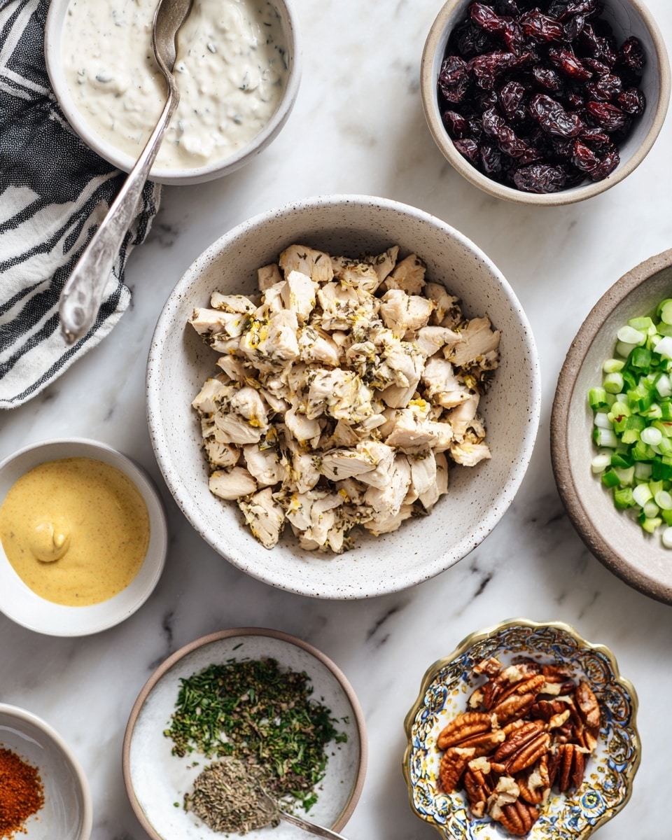The image shows a white speckled bowl in the center filled with light beige small chunks of cooked chicken. Surrounding this bowl are smaller white bowls: at the top right, a bowl filled with dark purple dried fruit pieces, likely raisins; below it, a bowl with chopped light green and white spring onions; on the bottom right, a small ornate bowl with mixed brown pecan pieces; to the immediate left of it, a small white bowl with finely chopped dark green herbs; below the chicken bowl, a small white bowl holds a pale yellow creamy mustard-like sauce; to the left, a white bowl contains thick white yogurt-like sauce with a silver spoon inside; above this is a small bowl with another green herb, finely chopped, perhaps parsley; above that is a bowl of light brown creamy dressing; at top left, part of a black and white striped cloth is visible. At the far right is a small round white plate holding colorful spices in orange, brown, and dark brown. All bowls are placed on a white marbled surface. photo taken with an iphone --ar 4:5 --v 7