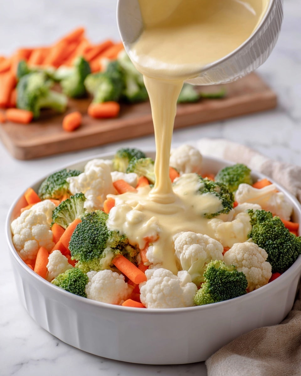 A white round baking dish filled with fresh vegetable pieces, including bright green broccoli florets, white cauliflower chunks, and orange carrot slices, all evenly spread out. On top, thick, smooth, pale yellow cheese sauce is being poured from a bowl, covering the vegetables with a creamy texture. In the background, a wooden board with more broccoli and carrot pieces is slightly visible. The dish sits on a white marbled surface with a beige cloth partly visible on the side. photo taken with an iphone --ar 4:5 --v 7