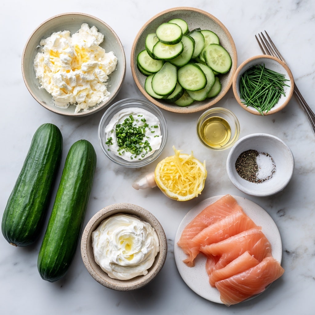 A black square plate holds nine small round appetizers, arranged in three rows of three on a white marbled surface. Each appetizer has three layers: the bottom is a green cucumber slice, the middle is a white creamy layer with small green herb pieces mixed in, and the top is a small piece of pink smoked salmon. The appetizers are garnished with small green chive bits, and there are three small lemon wedges placed around the edges of the plate. Photo taken with an iphone --ar 4:5 --v 7