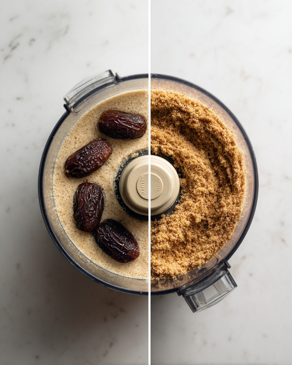 The image shows two top-down views of a food processor on a white marbled surface. The left side has a clear view inside the food processor, filled with a beige, grainy mixture at the bottom with whole dark brown dates spread on top. The right side shows the same food processor after blending, filled with a crumbly, light brown textured mixture evenly spread all around the blade. photo taken with an iphone --ar 4:5 --v 7