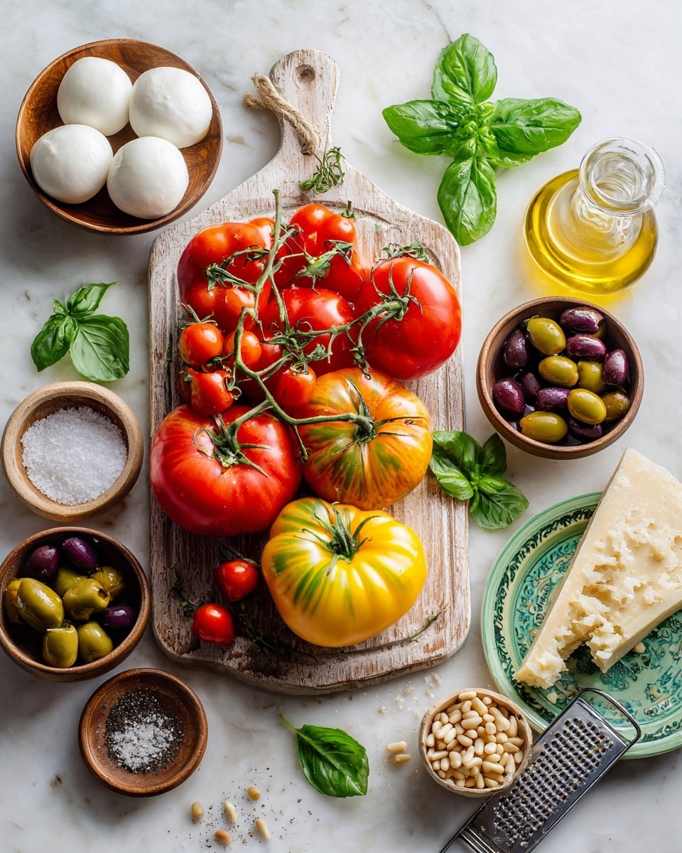 The image shows a wooden board filled with large heirloom tomatoes in red, yellow, and green colors, with a vine of bright red cherry tomatoes draped across them. Around the board on a white marbled surface are fresh green basil leaves, three garlic cloves, a bowl of mixed olives in dark brown, green and purple shades, a small wooden bowl of black pepper, and another wooden bowl of salt. A ceramic bowl holds two large white mozzarella balls, next to a whole yellow lemon. Nearby is a small bowl filled with beige pine nuts topped with a couple of green basil leaves. A wedge of hard yellow cheese with a metal grater rests on a greenish plate, and a glass bottle with light golden olive oil is also present. The scene is well-lit and detailed with a clean, fresh presentation photo taken with an iphone --ar 4:5 --v 7