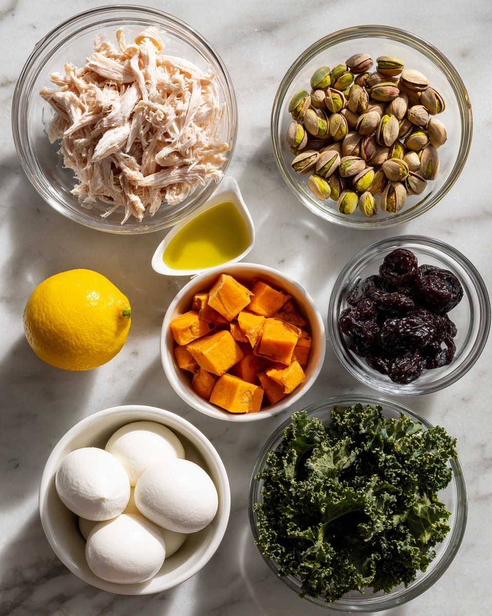 The image shows seven small bowls and one lemon arranged on a white marbled surface. In the top left, there is a clear glass bowl filled with shredded light pink chicken. To its right, a clear glass bowl holds whole pistachio nuts with green and brown shells. Below them, a small white ramekin contains a golden yellow liquid, likely olive oil. In the center bottom, another white ramekin is filled with bright orange roasted sweet potato cubes. To the left, a clear glass bowl is filled with a soft, white, smooth mozzarella ball. Above it, a small white ramekin holds several dried prunes, dark and wrinkled. The largest bowl on the bottom right is clear glass filled with fresh, dark green kale leaves. A bright yellow lemon sits on the left side near the chicken bowl. Shadows are cast from each item due to the lighting. Photo taken with an iphone --ar 4:5 --v 7