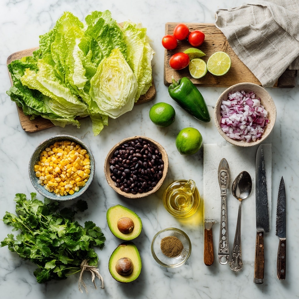 A white bowl filled with a fresh salad featuring six distinct sections arranged in a circular pattern: bright green leafy lettuce in the center, topped with pale green diced avocado cubes in the upper right, finely chopped purple and white red onions in the upper left, vibrant yellow corn kernels in the left center, shiny black beans in the lower left, and bright red diced tomatoes in the lower right. The salad is placed on a soft white marbled surface with a black and white checkered cloth nearby and a halved avocado visible in the top left corner. The colors are vivid and textures vary from soft avocado to crunchy lettuce and beans. Photo taken with an iphone --ar 4:5 --v 7