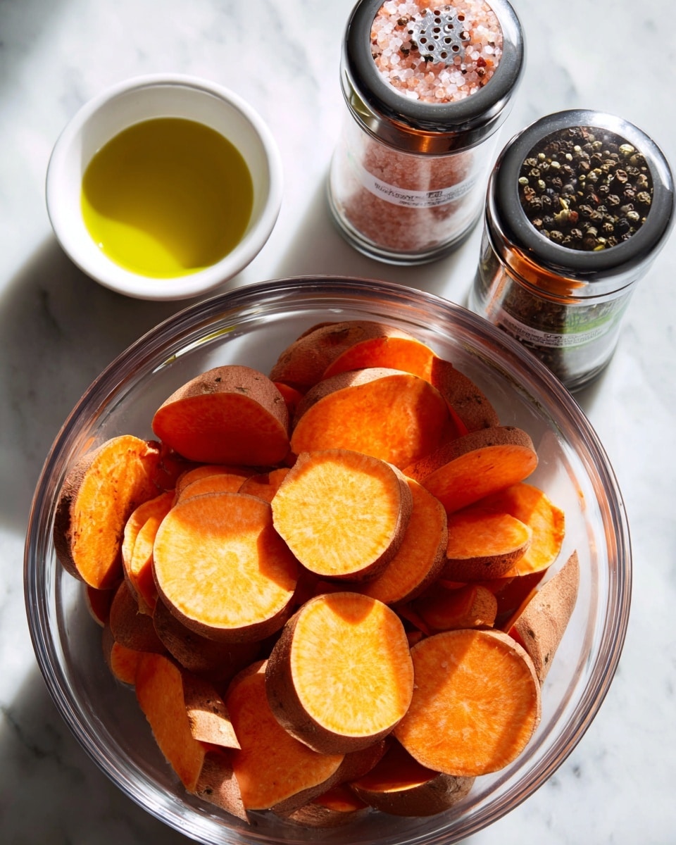 A clear glass bowl filled with thick slices of bright orange sweet potatoes with their brown skin on, stacked loosely inside. Above the bowl, there are two spice grinders, one filled with rough pink Himalayan salt and the other with whole black peppercorns, both labeled with green and white stickers. Between the grinders is a small white ramekin holding golden yellow olive oil. All items are arranged on a white marbled surface with soft natural light casting shadows. photo taken with an iphone --ar 4:5 --v 7