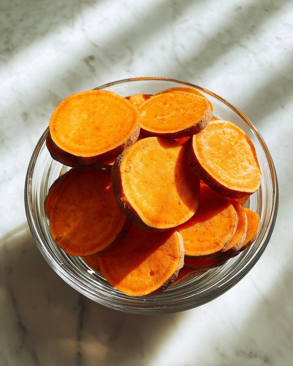 A clear glass bowl filled with about 15 bright orange sweet potato slices with brown edges, stacked loosely inside. The slices have smooth, slightly rough textures and vary in thickness, some showing the light shining through, creating a shiny effect. The bowl is placed on a white marbled surface with sunlight casting soft shadows around the base. Photo taken with an iphone --ar 4:5 --v 7