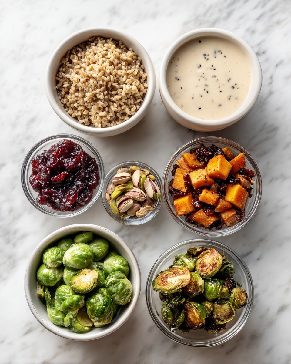 Seven small bowls are placed on a white marbled surface, each with a different food item. Starting from the top left is a white bowl filled with cooked whole grains, light brown with a firm texture. To its right is another white bowl with a creamy sauce, light beige with small dark specks. Below the grains is a clear round bowl filled with shelled pistachios, green and brown in color. Below the sauce and to the center is a small white bowl holding dark red dried cranberries, shiny and wrinkled. To the right of the cranberries is a clear bowl with roasted orange pumpkin chunks, some pieces showing a slight char on the edges. Below the cranberries and to the bottom right is a clear bowl filled with roasted Brussels sprouts, green with browned edges and a crisp texture. Finally, at the bottom left is a white bowl containing chopped green beans, bright green and fresh. The overall image is well lit with clear shadows, photo taken with an iphone --ar 4:5 --v 7
