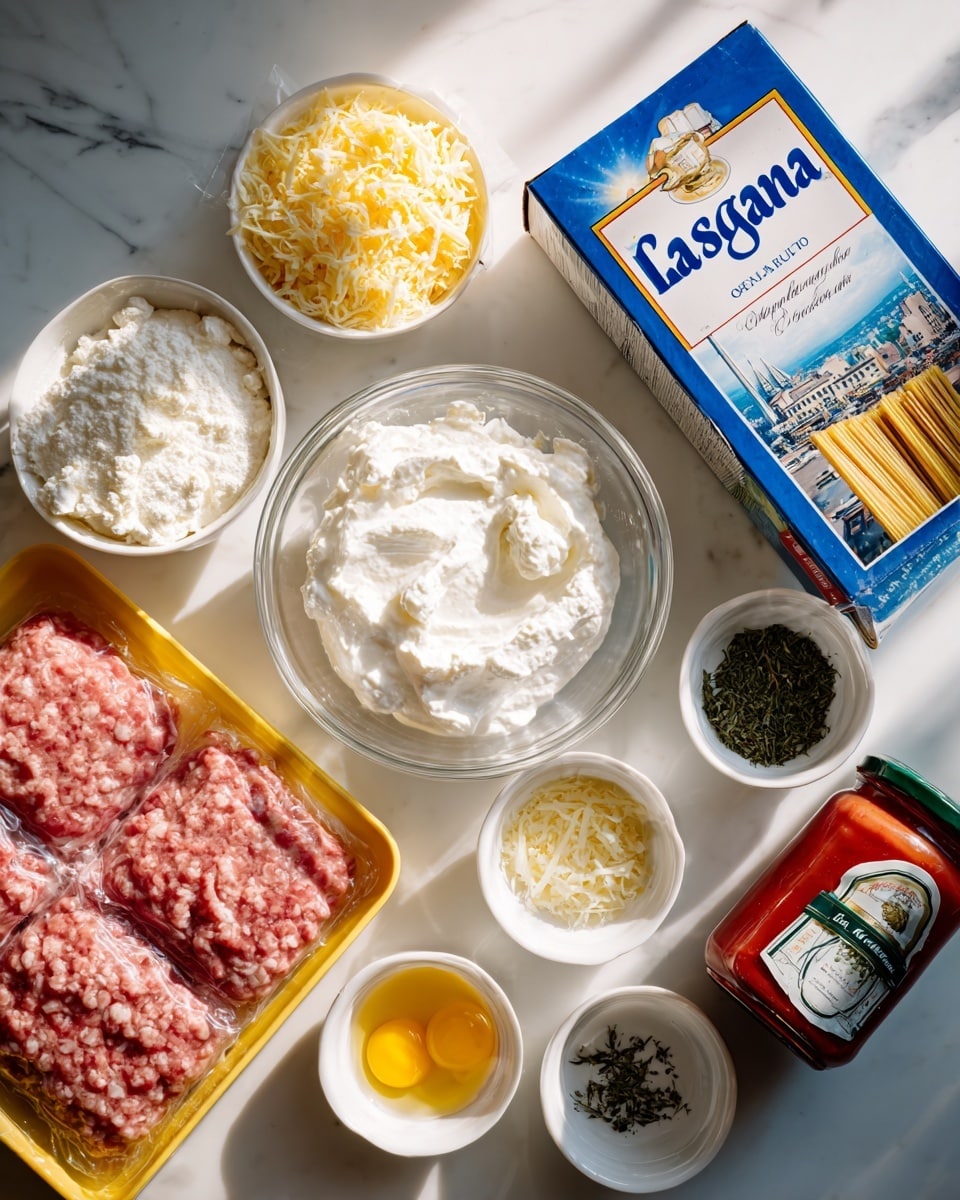 The image shows various ingredients for making lasagna spread out on a white marbled surface. In the center, there is a clear glass bowl filled with creamy white ricotta cheese with a soft, smooth texture. Around it, there are small white bowls containing grated yellow mozzarella cheese, finely grated pale parmesan cheese, an egg yolk in clear liquid, and dried green herbs. To the right, there is a tall, blue box of lasagna noodles with the word