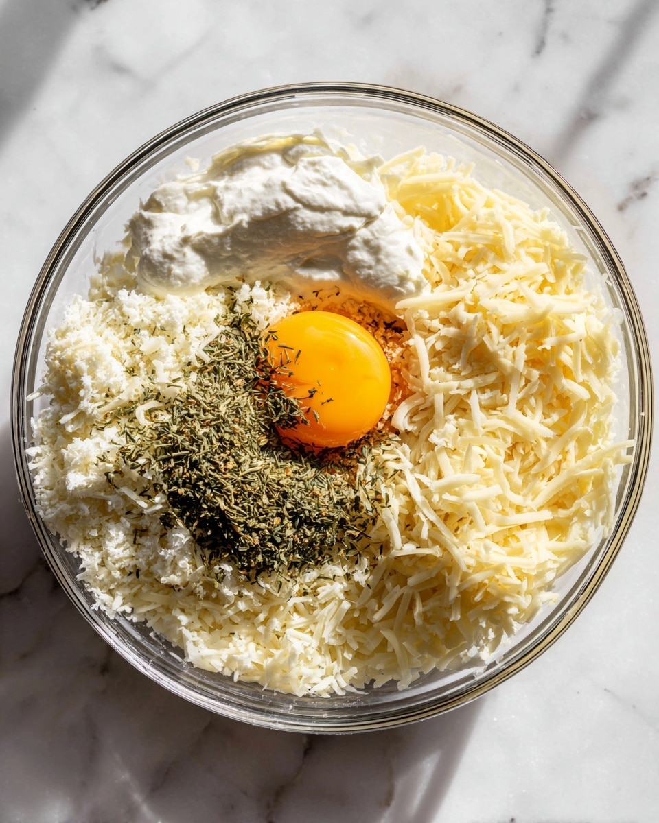 In a clear glass bowl placed on a white marbled surface, different cooking ingredients are layered separately without mixing. There is a base layer of finely grated white cheese on the left side, next to it is a dollop of white creamy substance with a smooth texture on the upper left. On the right side, there is a pile of shredded pale yellow cheese. At the center, resting on the two cheese piles, is one cracked raw egg showing a bright orange yolk. On top of the egg and partially on the white creamy layer, there is a sprinkling of dried green herbs, finely crushed. The light casts shadows around the bowl edge, and the photo looks clear and bright, as if taken with an iphone --ar 4:5 --v 7