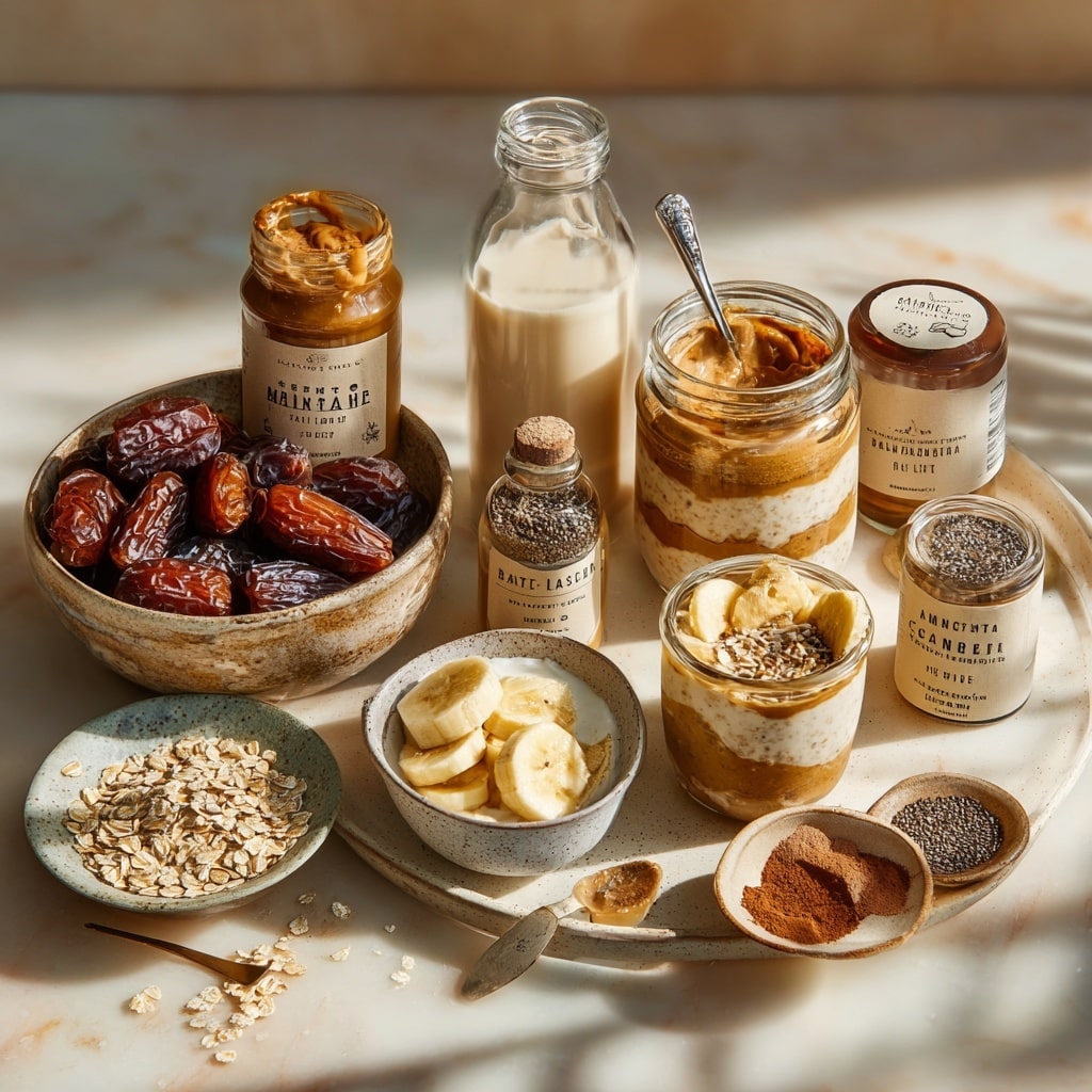 A clear glass filled with three distinct layers: the bottom layer is a thick, light brown mixture, the middle layer is white with visible small black chia seeds and two banana slices pressed against the glass, and the top layer is a creamy white topped with two pecans and a dusting of cocoa powder. The jar sits on a white marbled surface with a soft pink cloth and a gold spoon blurred in the background. Photo taken with an iphone --ar 4:5 --v 7